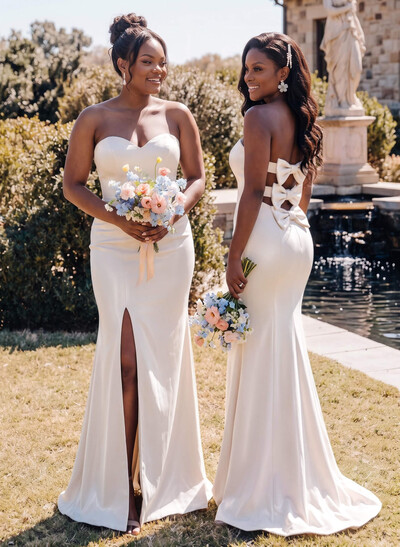 Trumpet/Mermaid Sweetheart Sleeveless Sweep Train Stretch Satin Knit Bridesmaid Dresses With Bow(s)/High Split