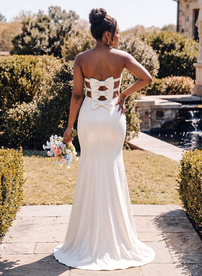 Trumpet/Mermaid Sweetheart Sleeveless Sweep Train Stretch Satin Knit Bridesmaid Dresses With Bow(s)/High Split