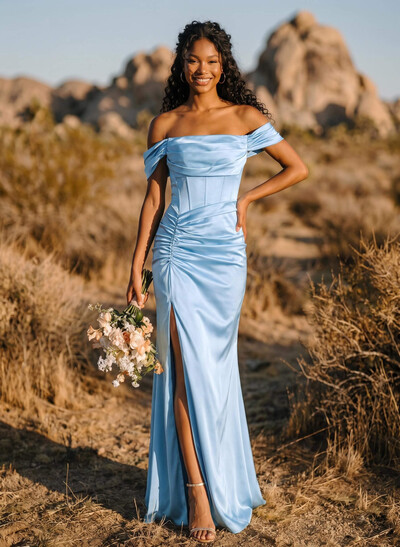 Sheath/Column Off-The-Shoulder Sleeveless Sweep Train Satin Bridesmaid Dresses