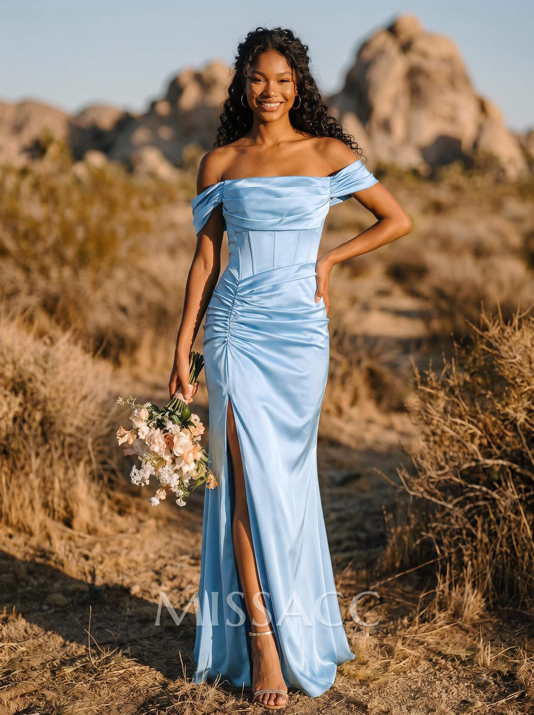 Sheath/Column Off-The-Shoulder Sleeveless Sweep Train Satin Bridesmaid Dresses