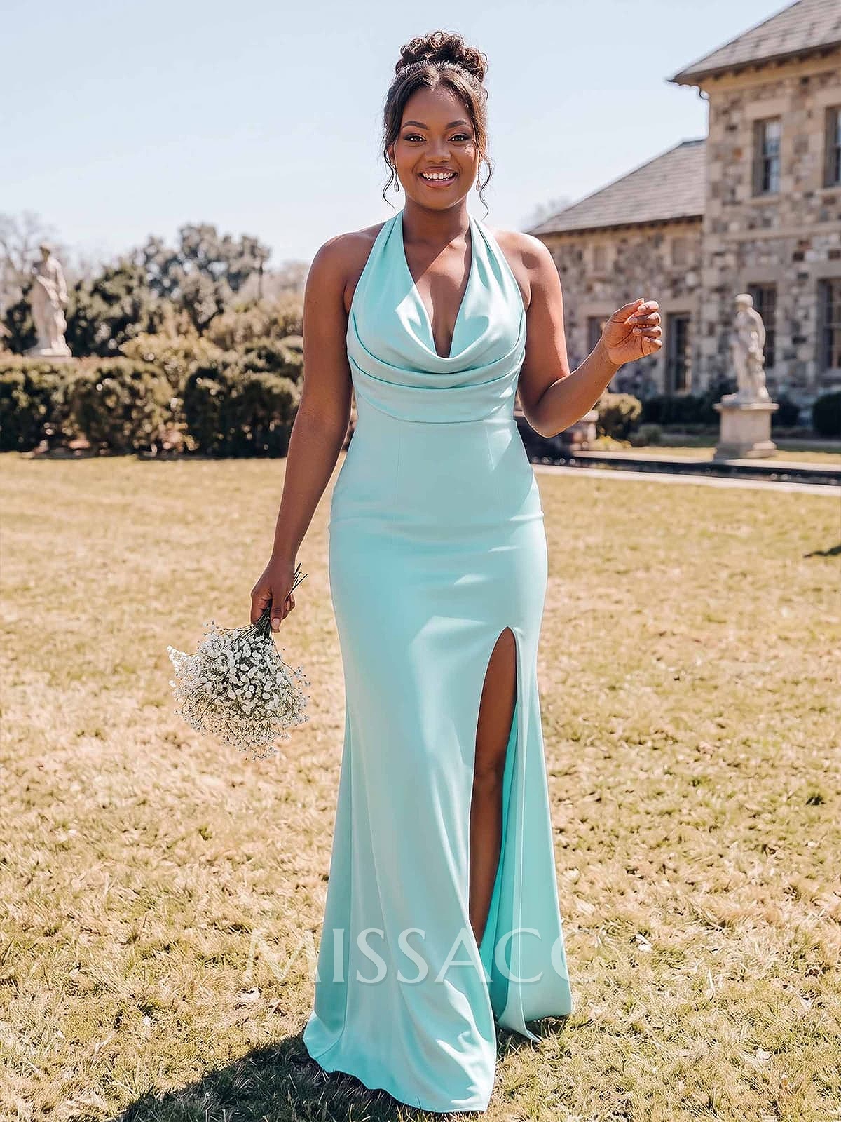 Trumpet/Mermaid Cowl Neck Sleeveless Sweep Train Stretch Satin Bridesmaid Dresses With Back Hole/High Split