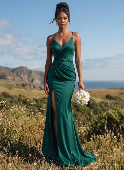 Sheath/Column V-Neck Sleeveless Sweep Train Stretch Satin Bridesmaid Dresses