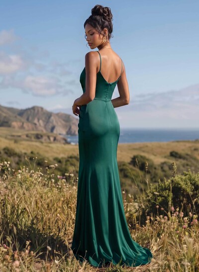 Sheath/Column V-Neck Sleeveless Sweep Train Stretch Satin Bridesmaid Dresses