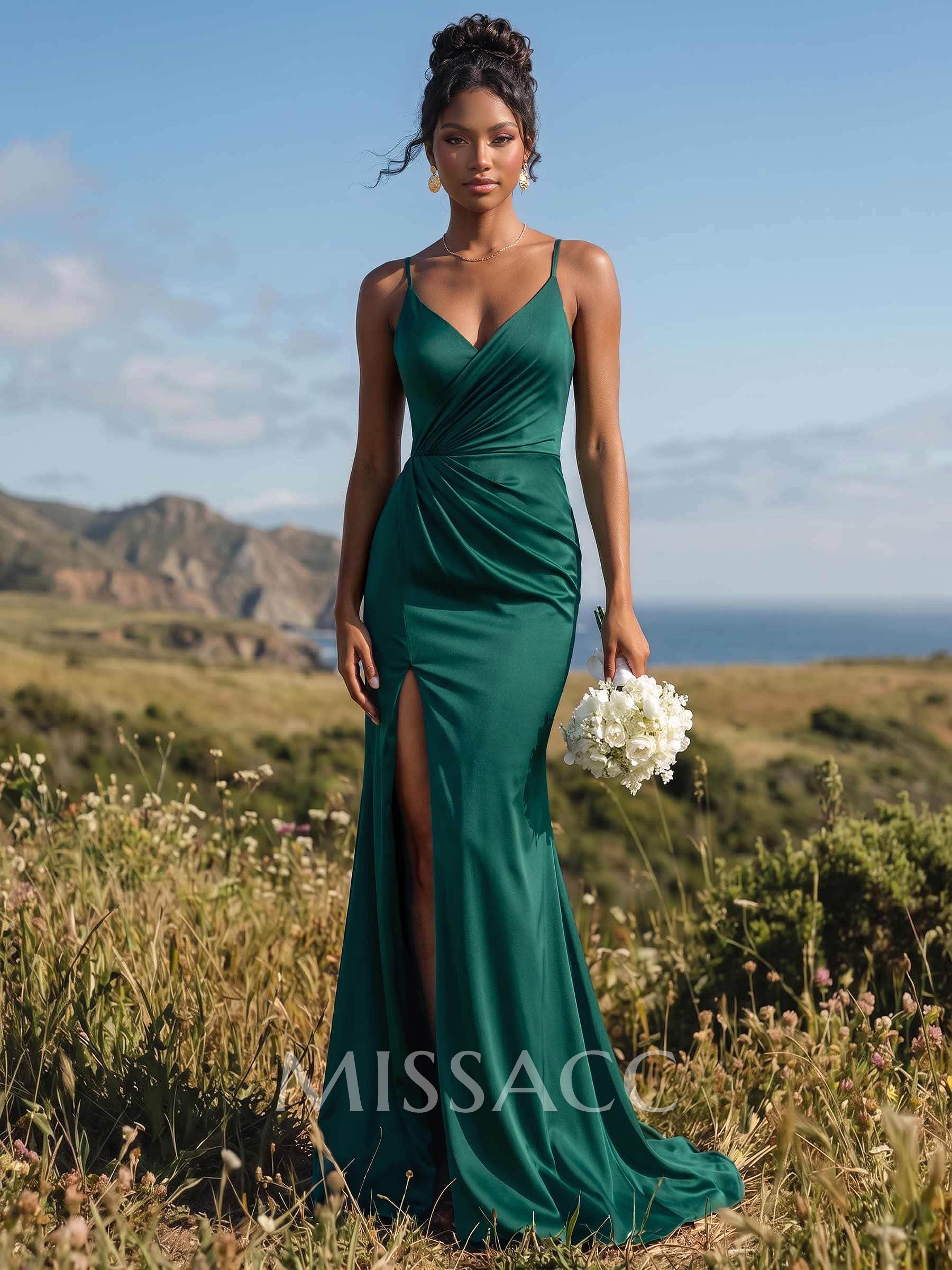 Sheath/Column V-Neck Sleeveless Sweep Train Stretch Satin Bridesmaid Dresses