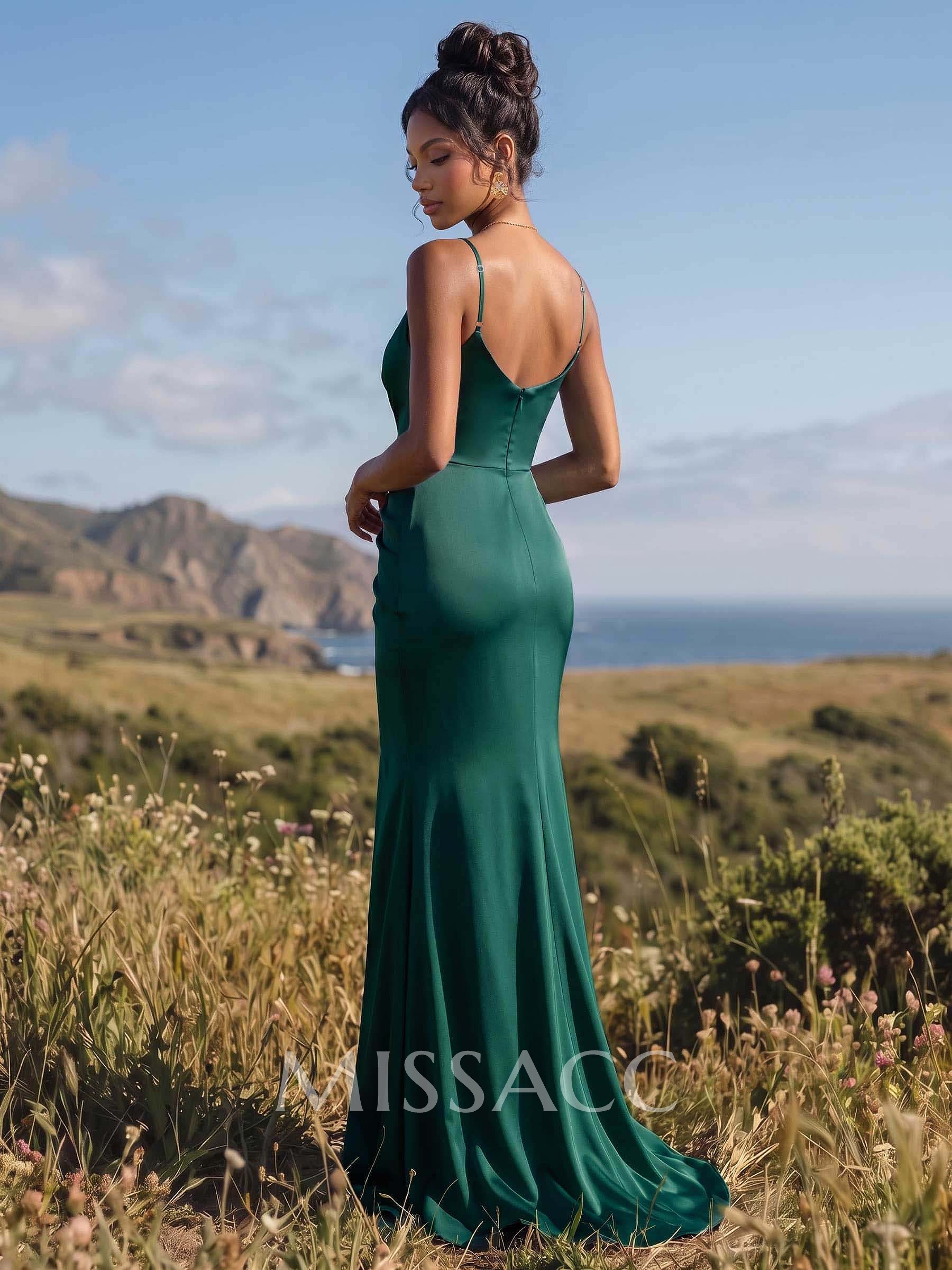 Sheath/Column V-Neck Sleeveless Sweep Train Stretch Satin Bridesmaid Dresses Sheath/Column V-Neck Sleeveless Sweep Train Stretch Satin Bridesmaid Dresses