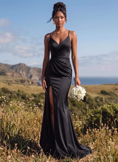 Fitted Column V-Neck Sleeveless Stretch Satin Bridesmaid Dresses With Sweep Train