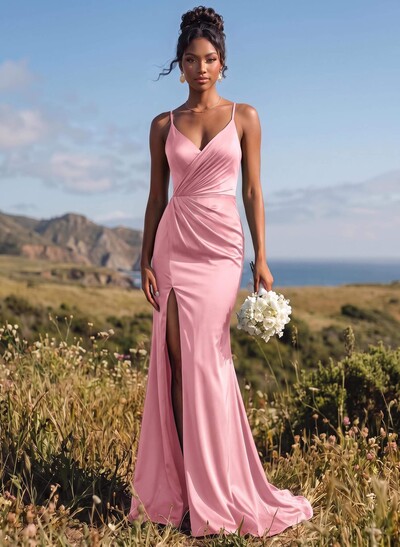 Fitted Column V-Neck Sleeveless Stretch Satin Bridesmaid Dresses With Sweep Train