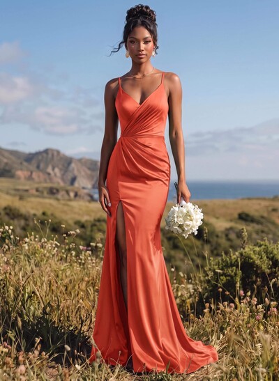 Sheath/Column V-Neck Sleeveless Sweep Train Stretch Satin Bridesmaid Dresses