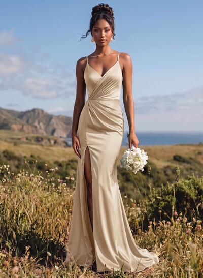 Sheath/Column V-Neck Sleeveless Sweep Train Stretch Satin Bridesmaid Dresses