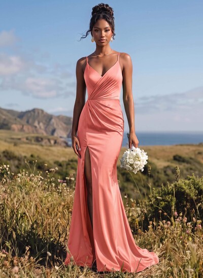 Sheath/Column V-Neck Sleeveless Sweep Train Stretch Satin Bridesmaid Dresses