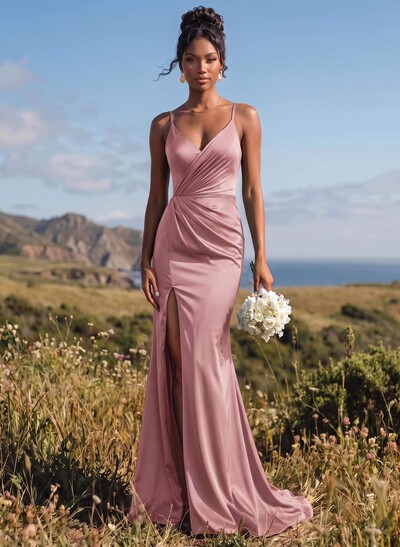 Sheath/Column V-Neck Sleeveless Sweep Train Stretch Satin Bridesmaid Dresses