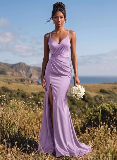 Sheath/Column V-Neck Sleeveless Sweep Train Stretch Satin Bridesmaid Dresses