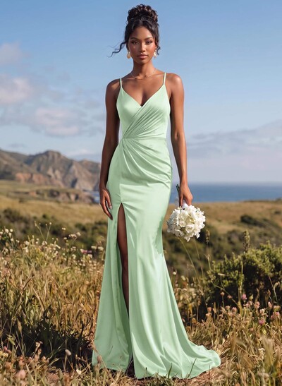 Sheath/Column V-Neck Sleeveless Sweep Train Stretch Satin Bridesmaid Dresses