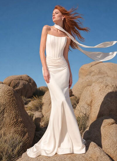 Trumpet/Mermaid Strapless Sleeveless Sweep Train Charmeuse Bridesmaid Dresses