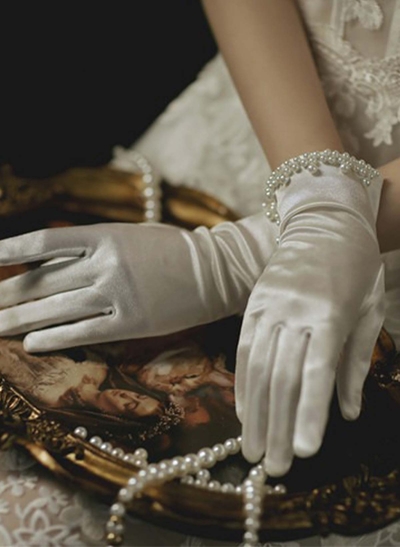 Fingertips Shortie Length Satin Bridal Gloves With Pearl