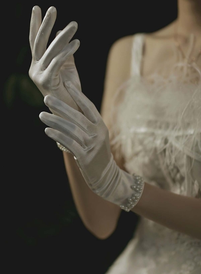 Fingertips Shortie Length Satin Bridal Gloves With Pearl
