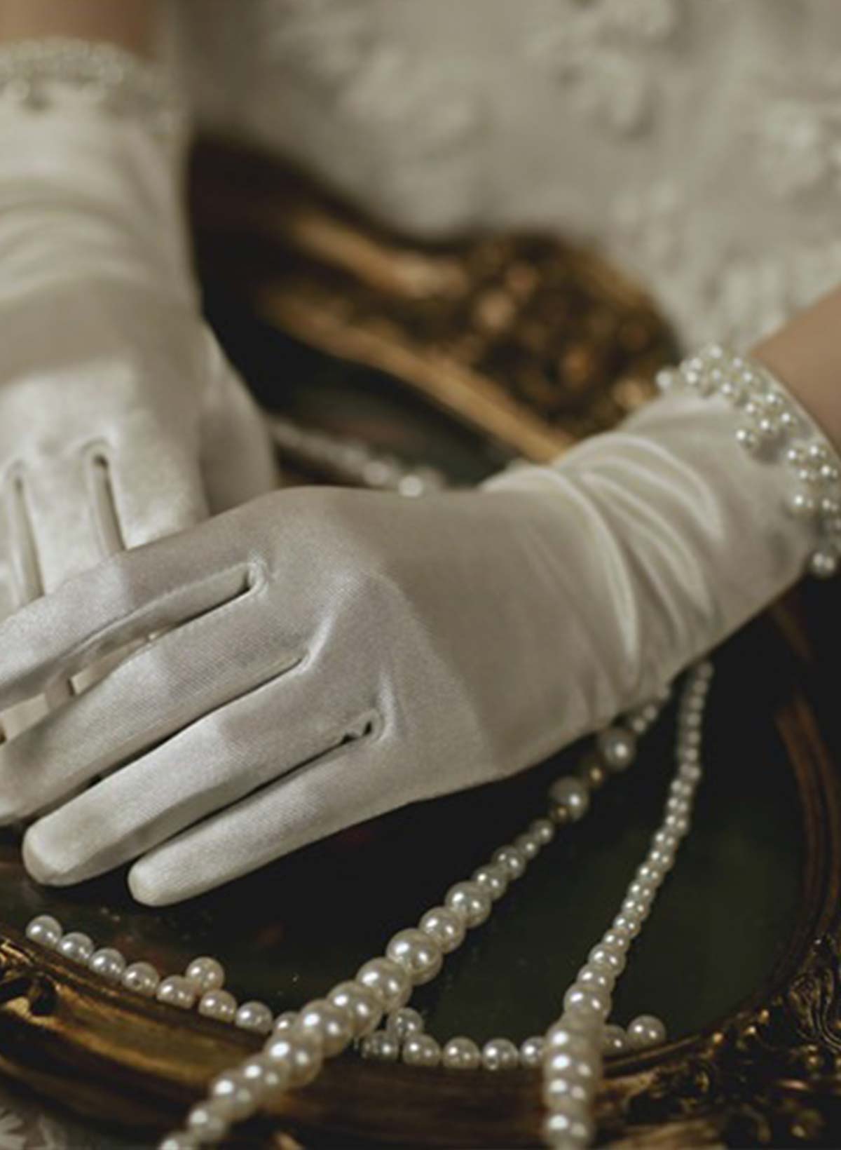 Fingertips Shortie Length Satin Bridal Gloves With Pearl