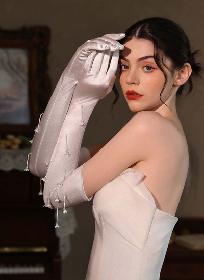 Fingertips Elbow Length Satin Bridal Gloves With Floral/Pearl