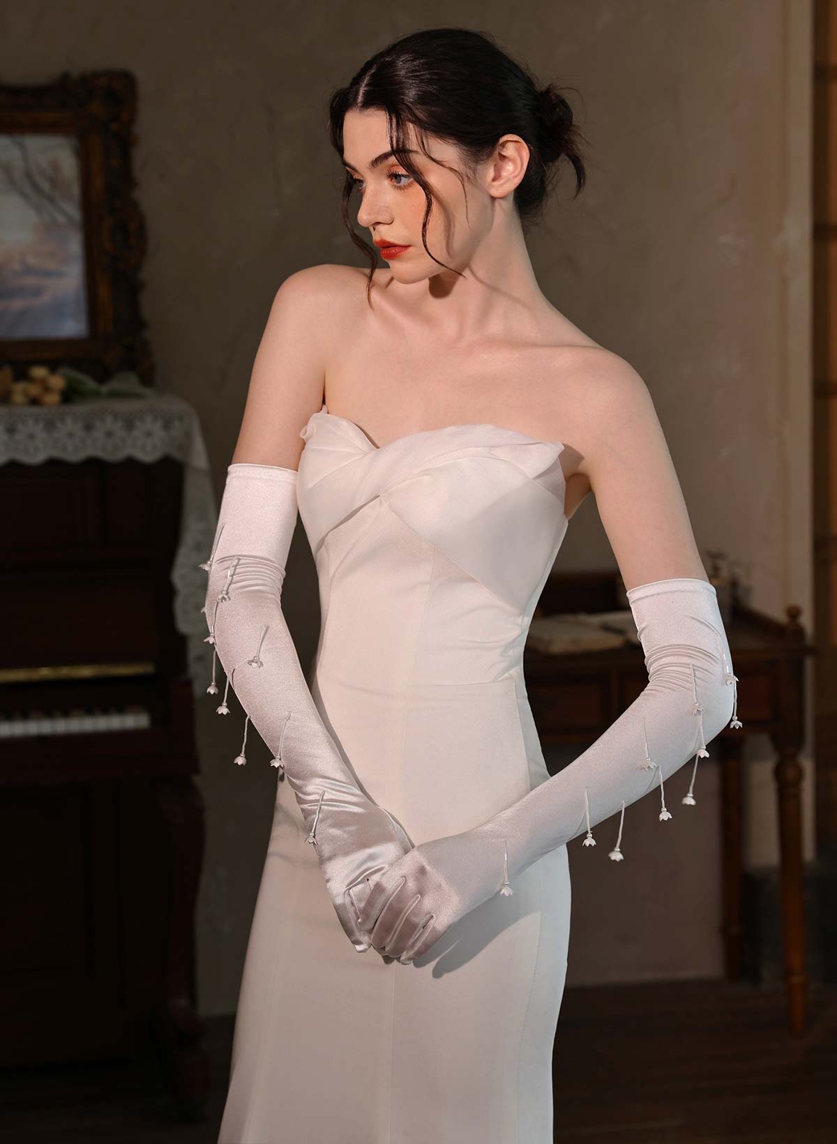 Fingertips Elbow Length Satin Bridal Gloves With Floral/Pearl