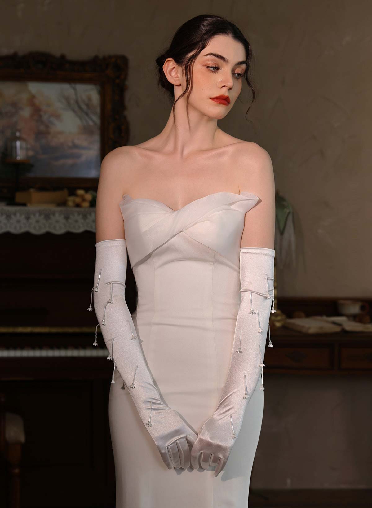 Fingertips Elbow Length Satin Bridal Gloves With Floral/Pearl