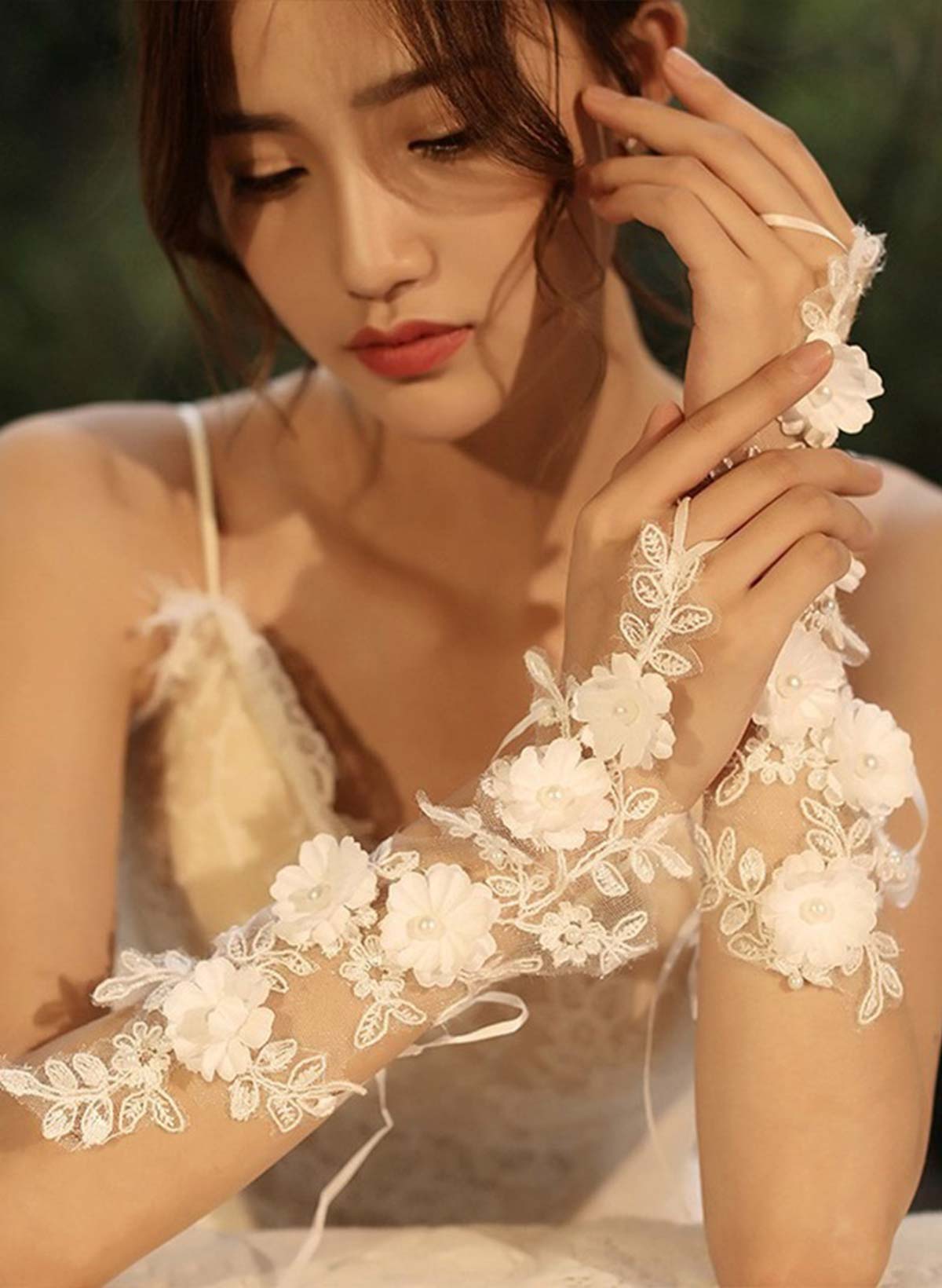 Fingerless Classic Length Tulle Bridal Gloves With Lace/Floral