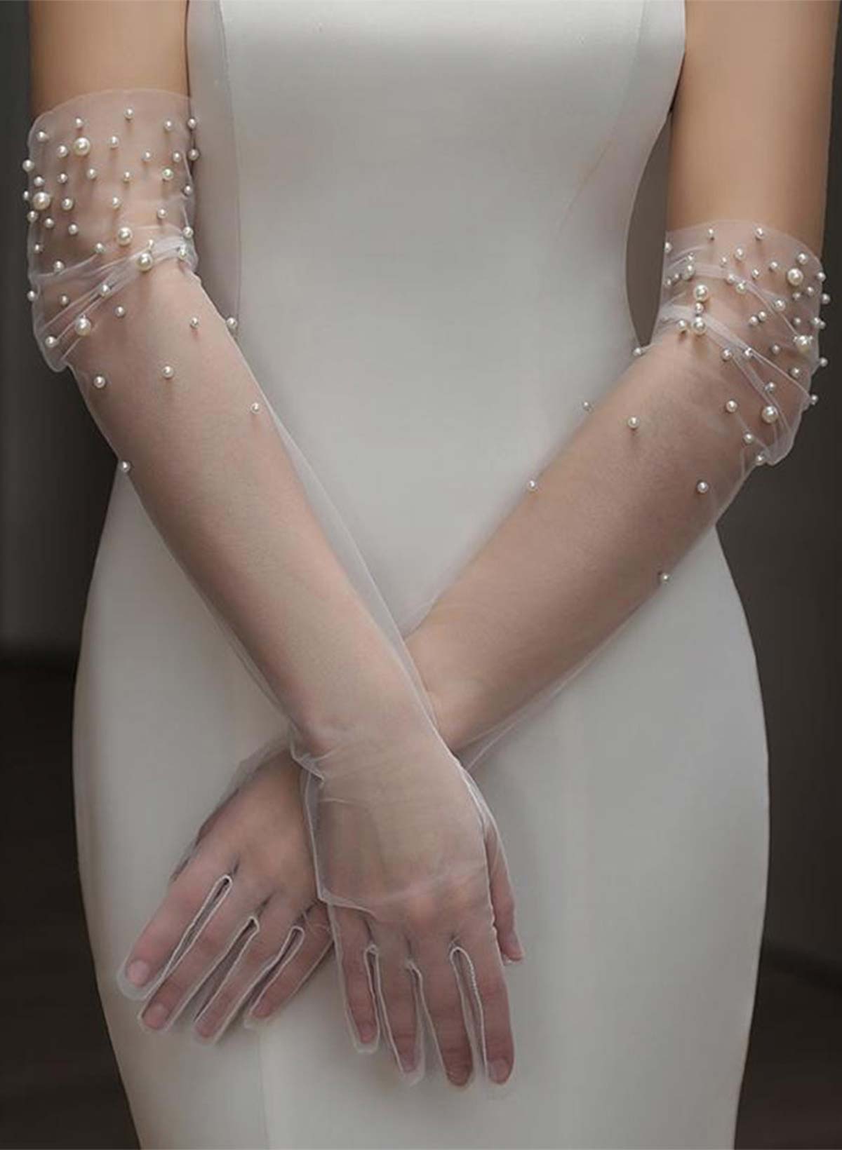 Fingertips Elbow Length Tulle Bridal Gloves With Pearl