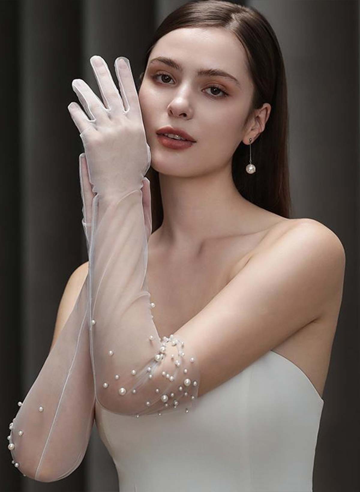 Fingertips Elbow Length Tulle Bridal Gloves With Pearl