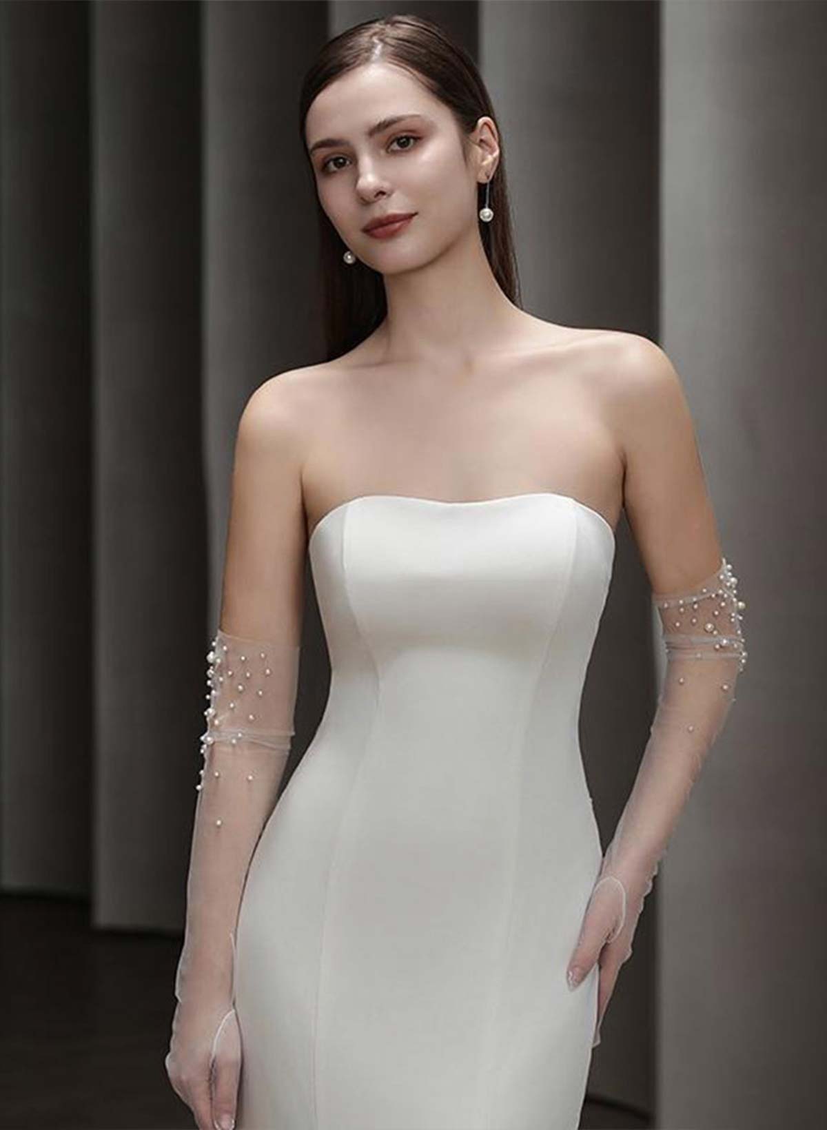 Fingertips Elbow Length Tulle Bridal Gloves With Pearl