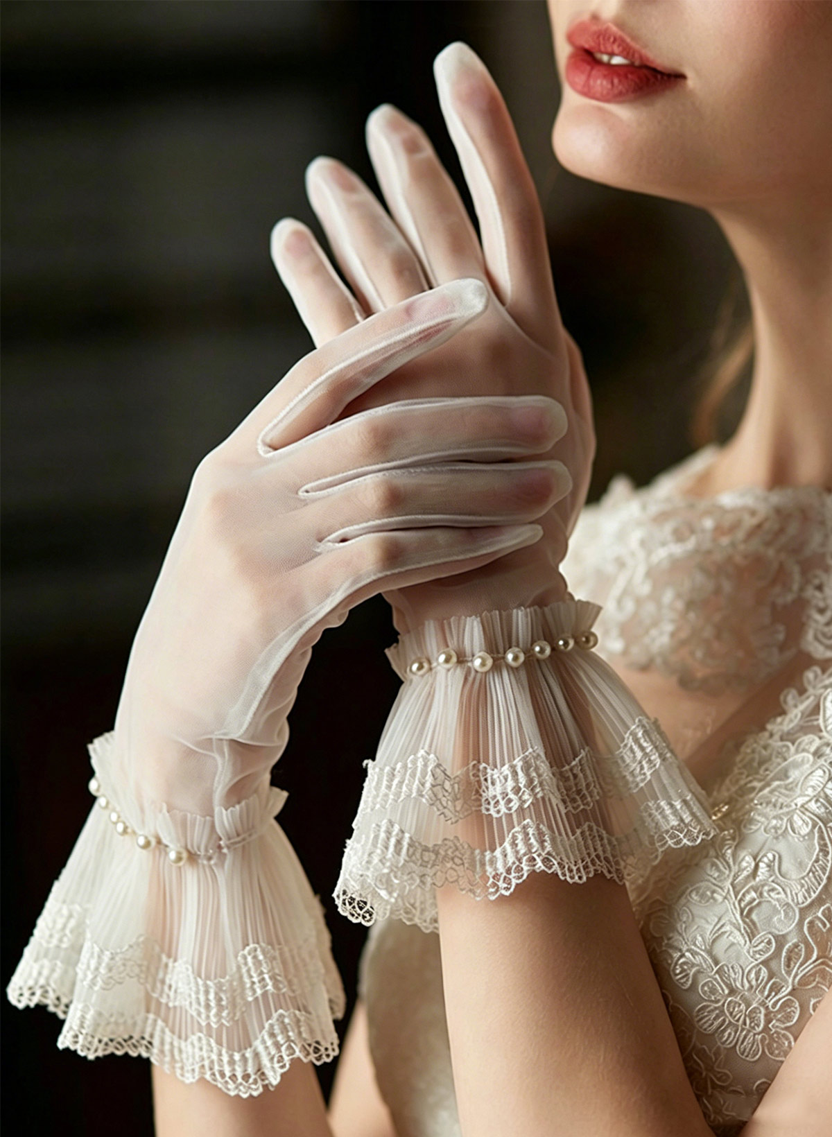 Fingertips Shortie Length Tulle Bridal Gloves With Ruffles