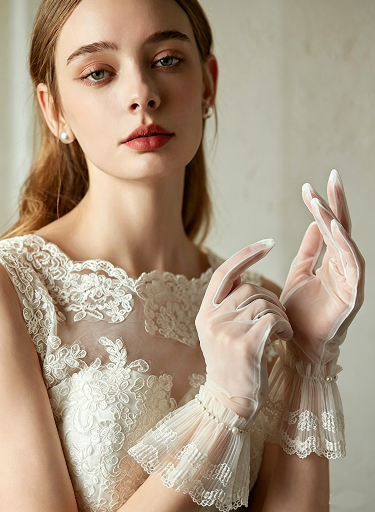 Fingertips Shortie Length Tulle Bridal Gloves With Ruffles
