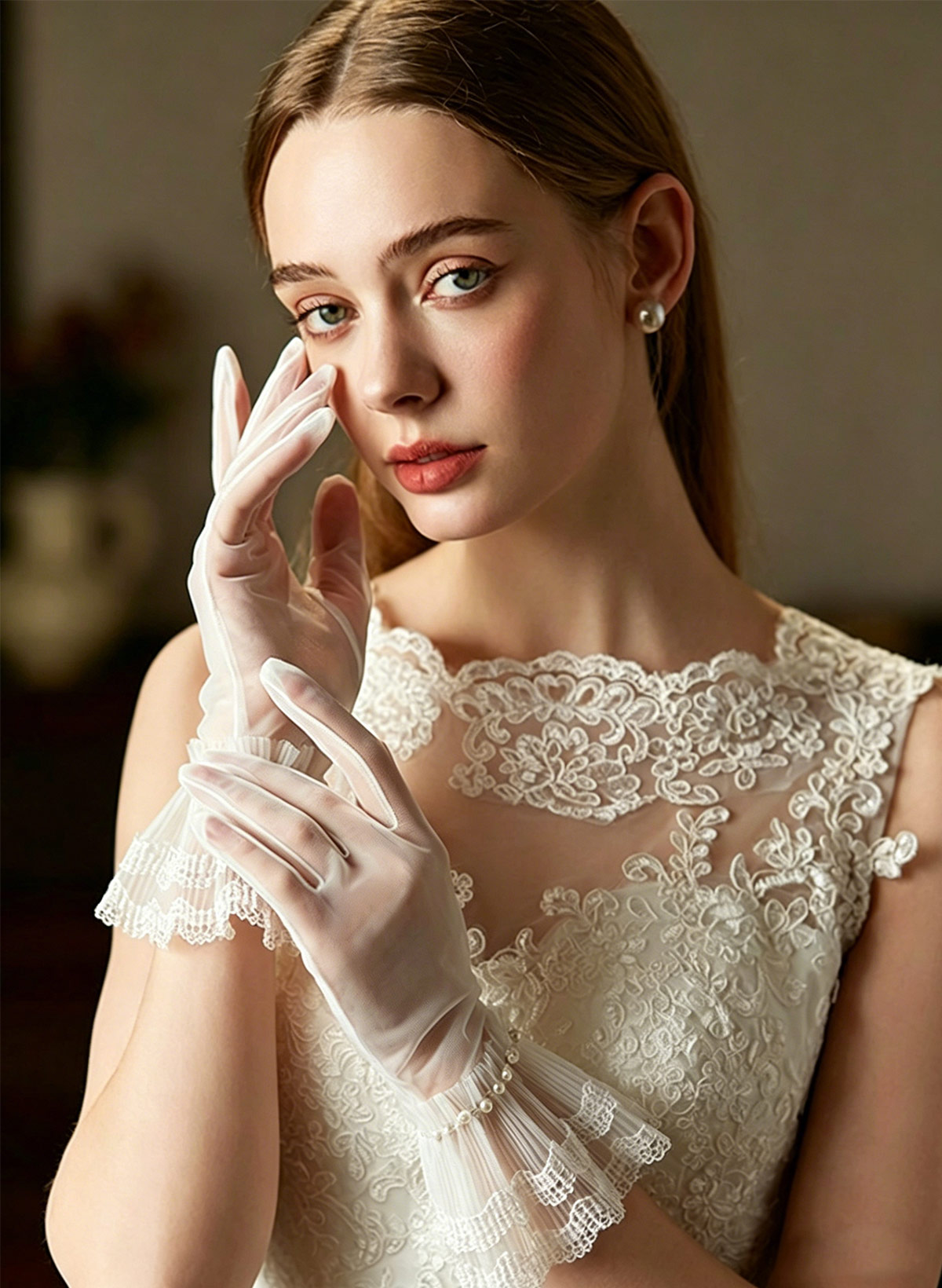 Fingertips Shortie Length Tulle Bridal Gloves With Ruffles