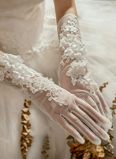 Fingertips Opera Length Lace/Tulle Bridal Gloves With Floral/Pearl
