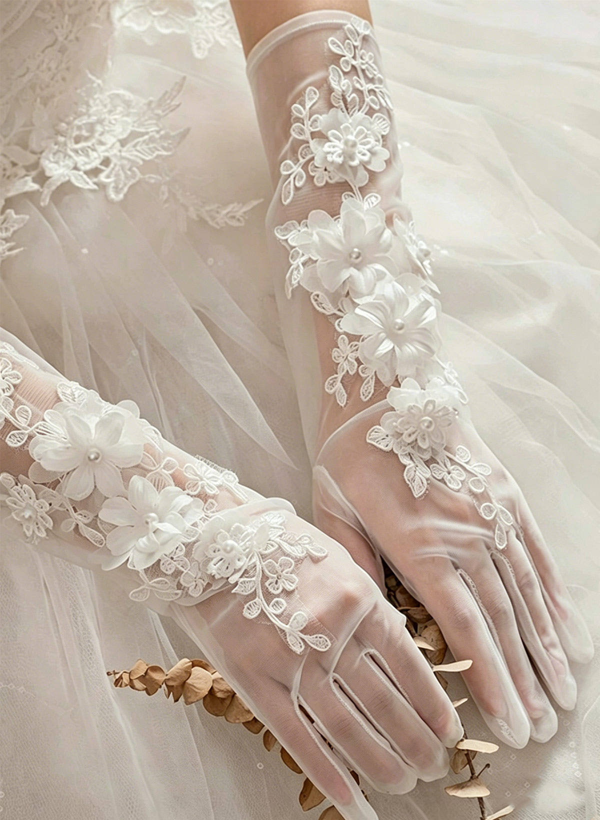 Fingertips Opera Length Lace/Tulle Bridal Gloves With Floral/Pearl