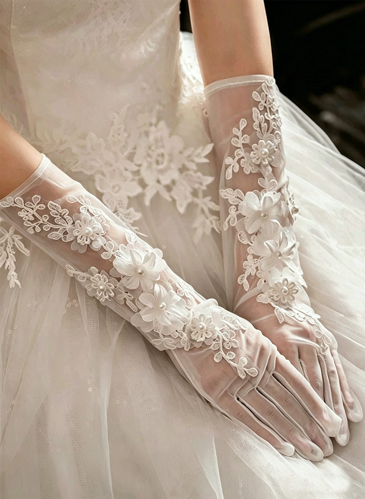 Fingertips Opera Length Lace/Tulle Bridal Gloves With Floral/Pearl