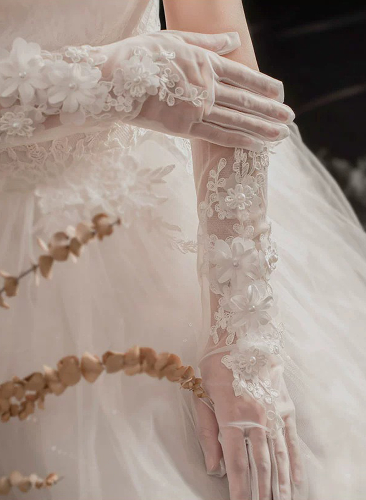 Fingertips Opera Length Lace/Tulle Bridal Gloves With Floral/Pearl