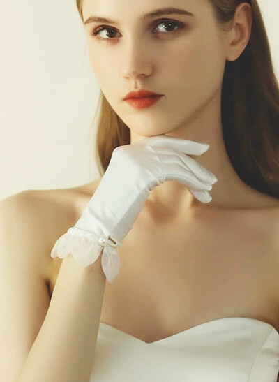 Fingertips Shortie Length Satin Bridal Gloves With Ruffles