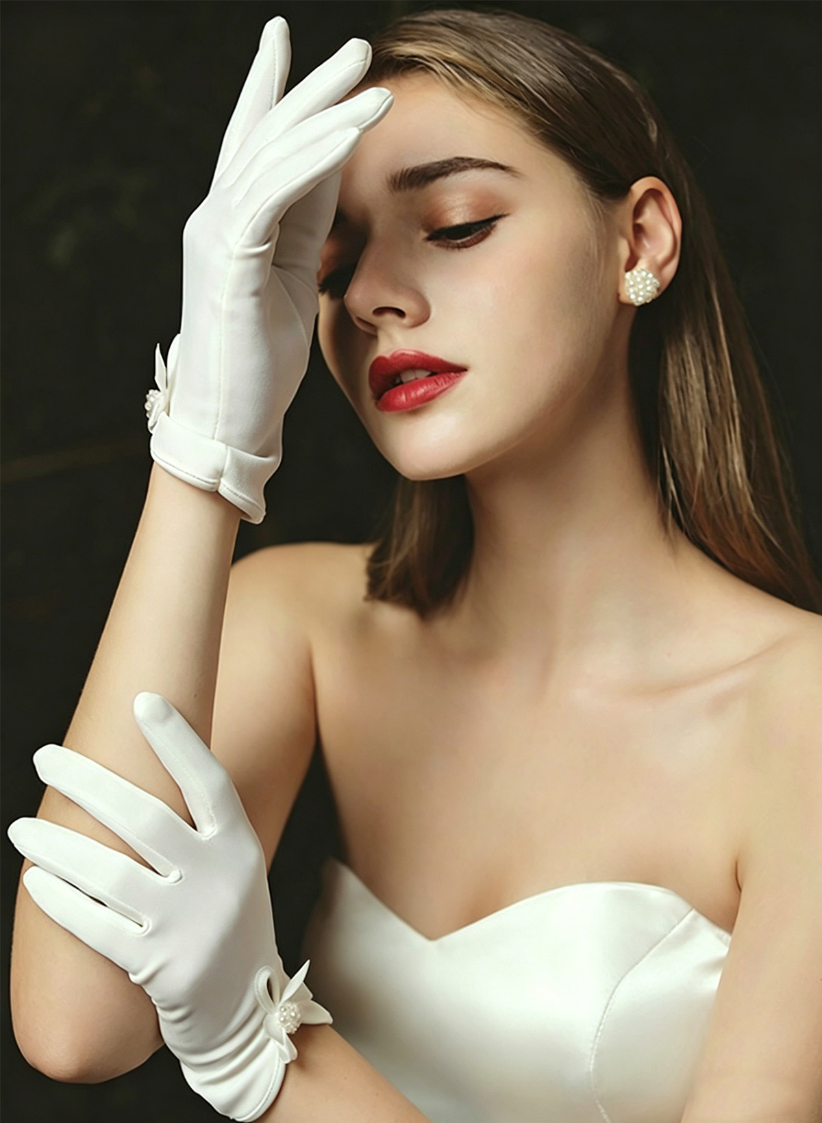 Fingertips Shortie Length Satin Bridal Gloves With Ruffles