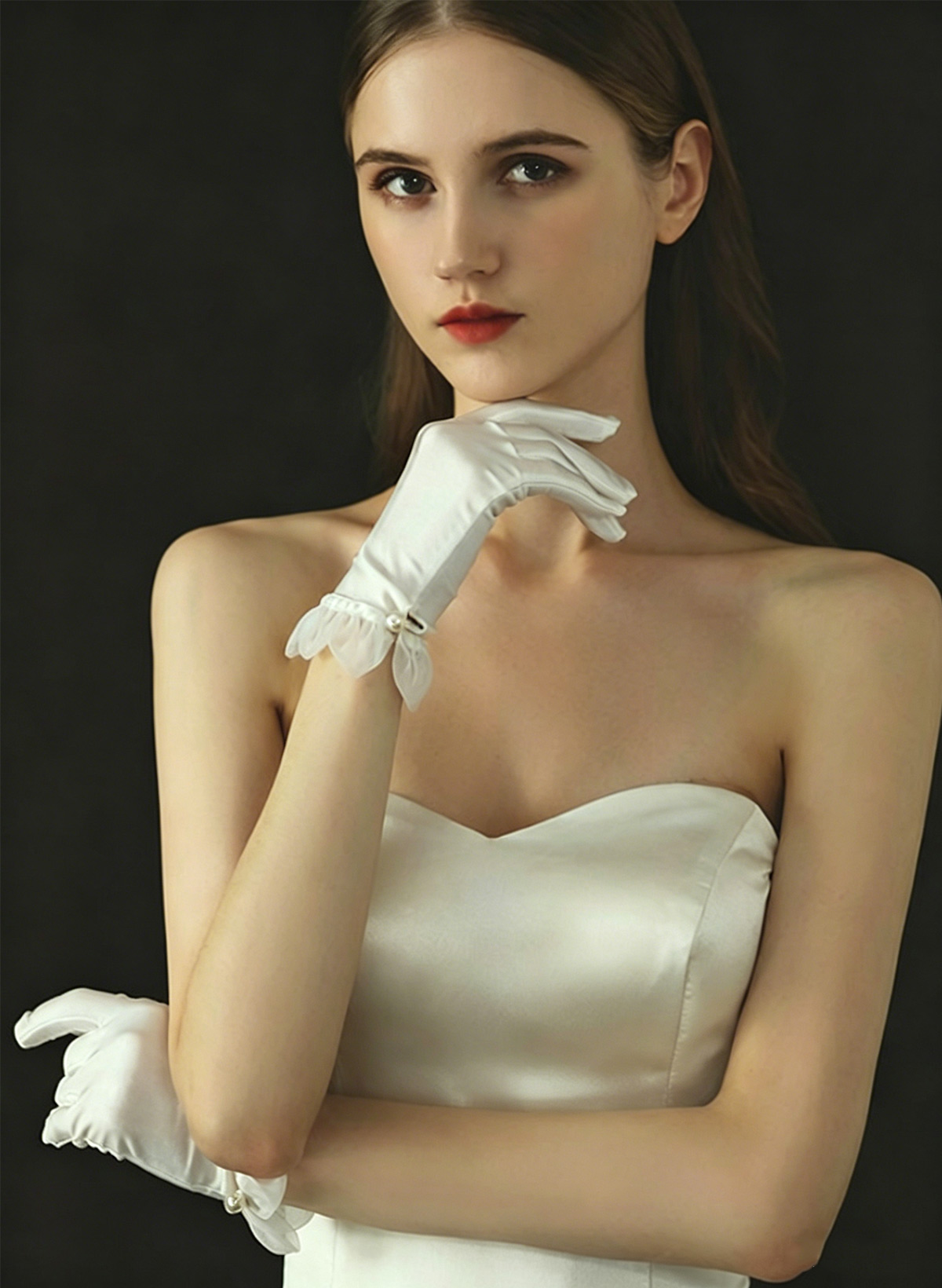 Fingertips Shortie Length Satin Bridal Gloves With Ruffles