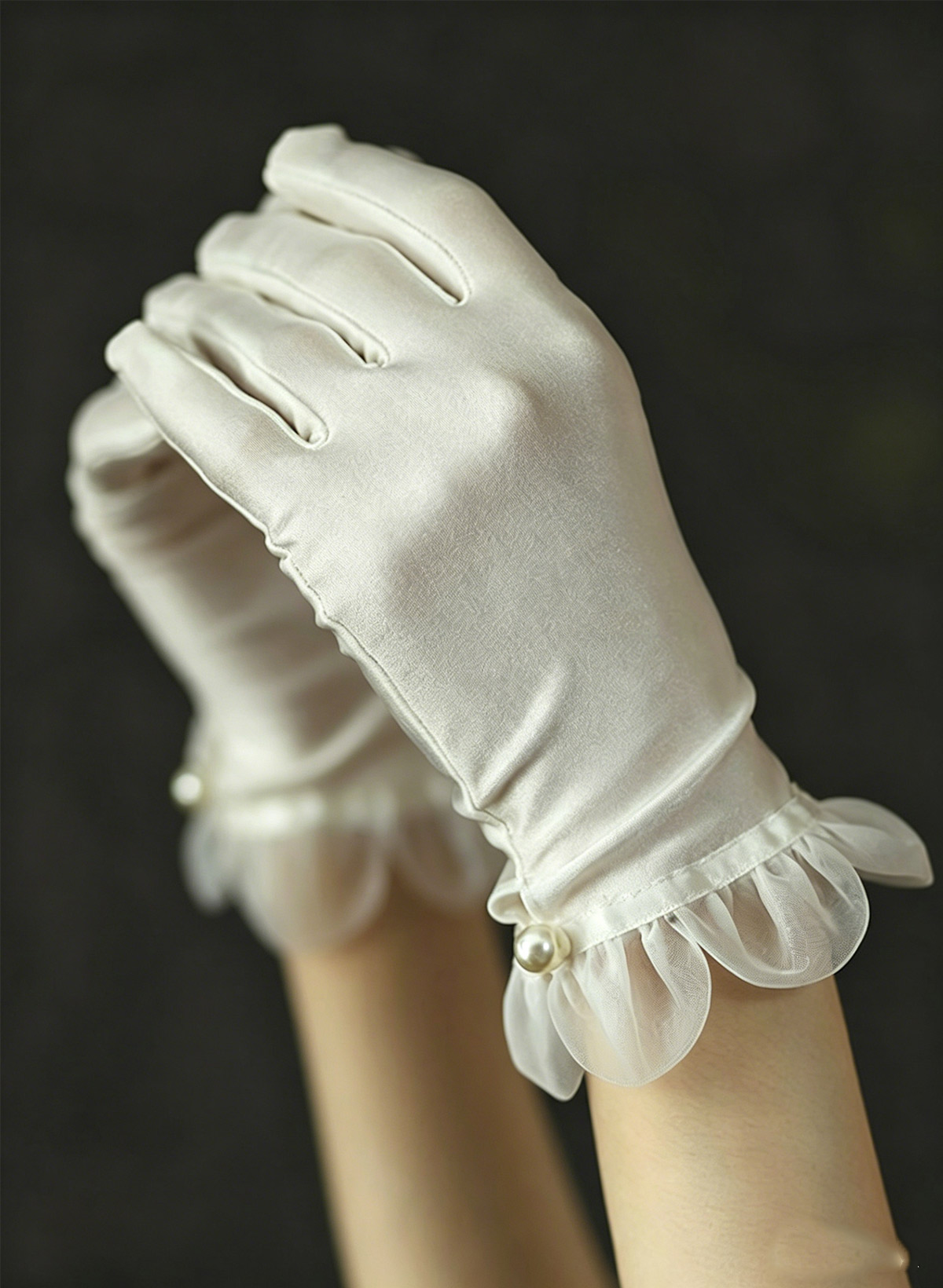 Fingertips Shortie Length Satin Bridal Gloves With Ruffles