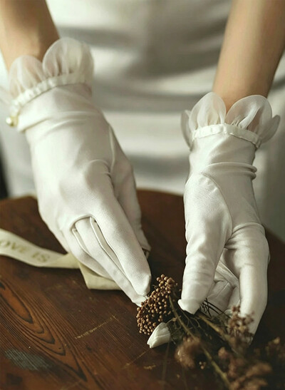 Fingertips Shortie Length Satin Bridal Gloves With Ruffles