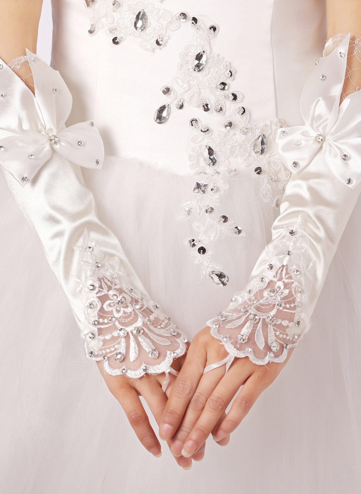 Fingerless Opera Length Satin Bridal Gloves With Satin Bow