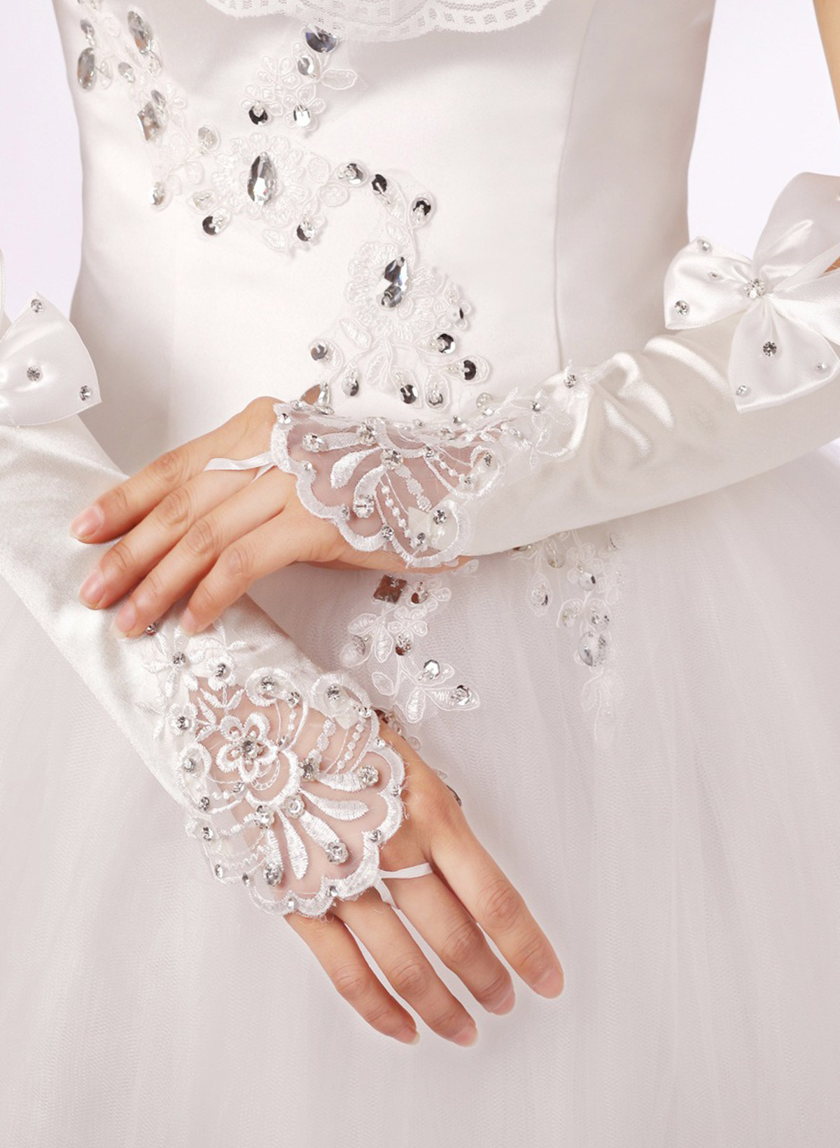Fingerless Opera Length Satin Bridal Gloves With Satin Bow
