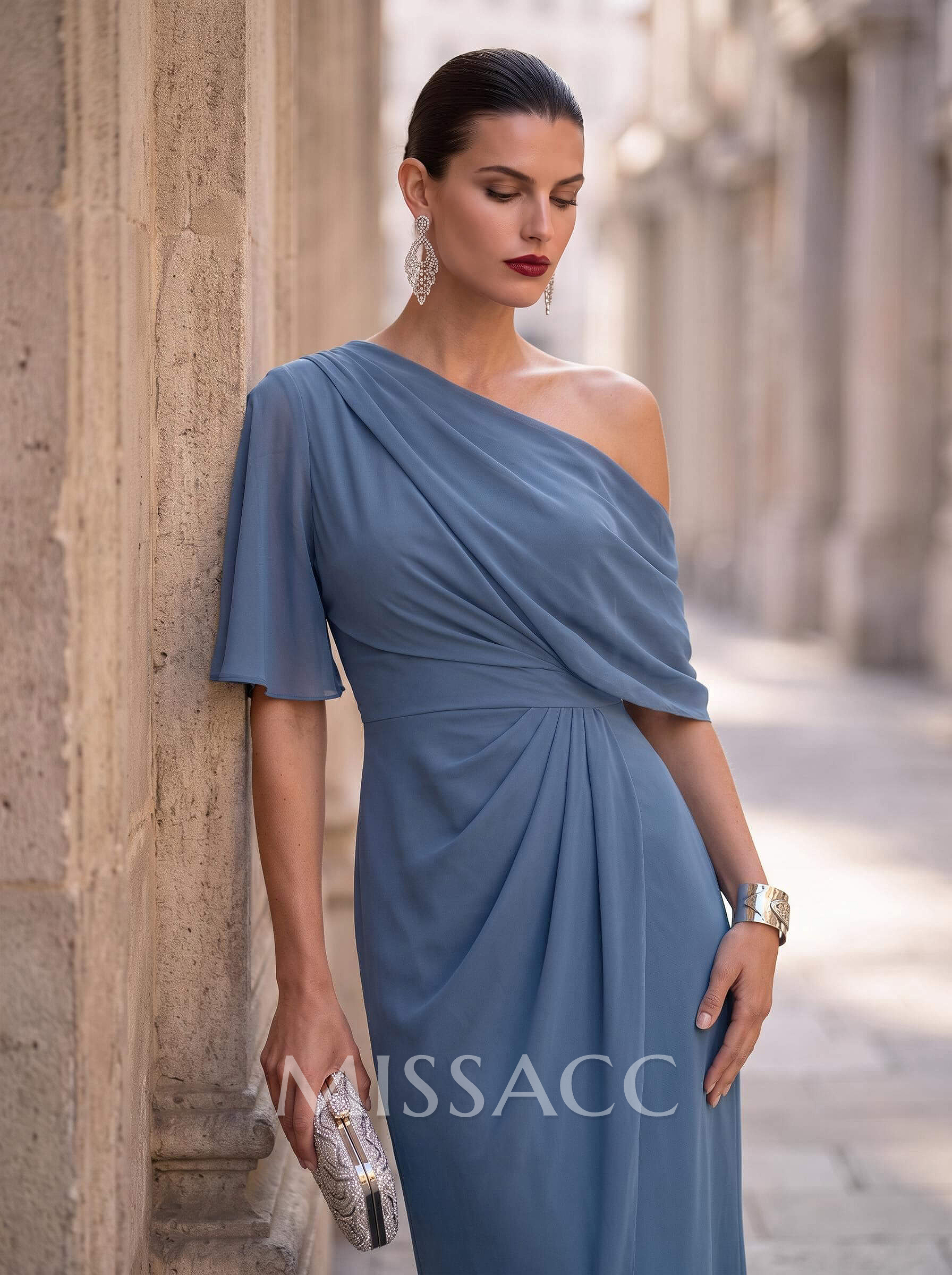 Sheath/Column Asymmetrical 1/2 Sleeves Chiffon Cocktail Dresses With Split Front