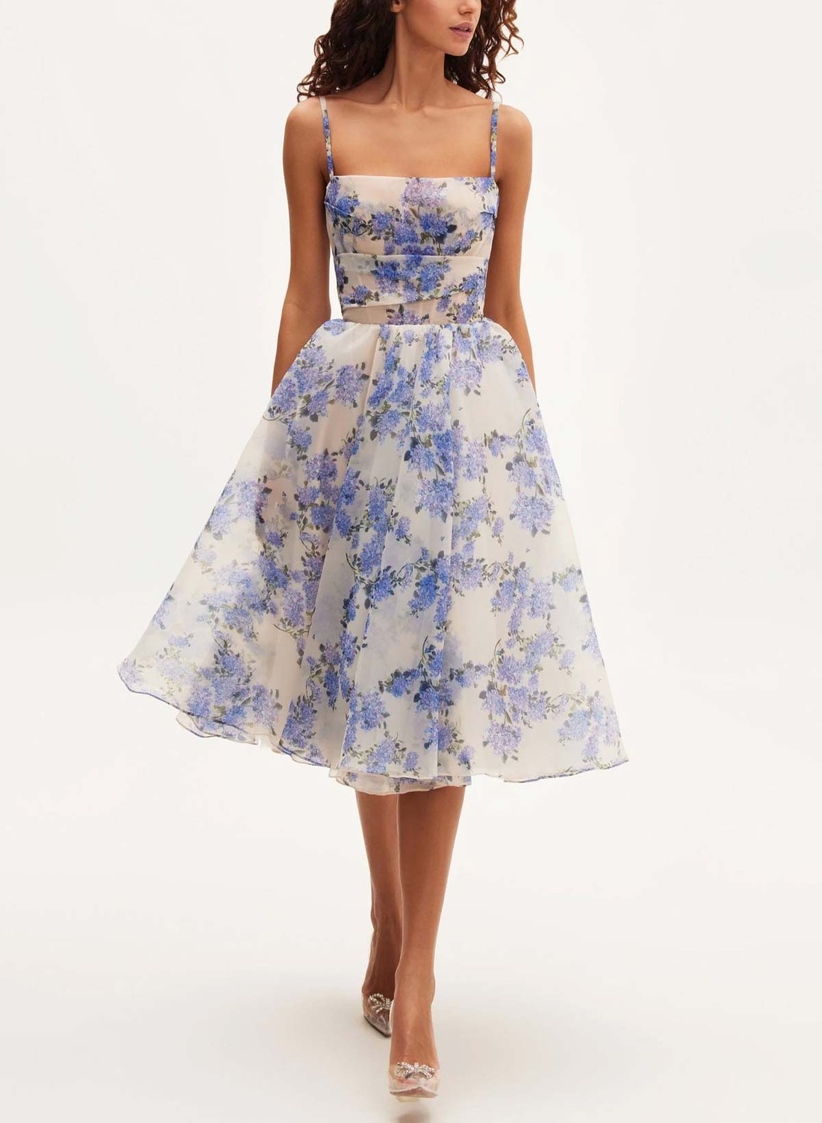 A-Line Square Neckline Sleeveless Tea-Length Chiffon Cocktail Dresses With Floral-Print