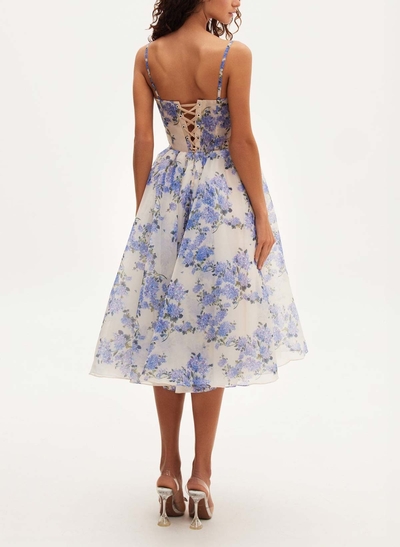 A-Line Square Neckline Sleeveless Tea-Length Chiffon Cocktail Dresses With Floral-Print