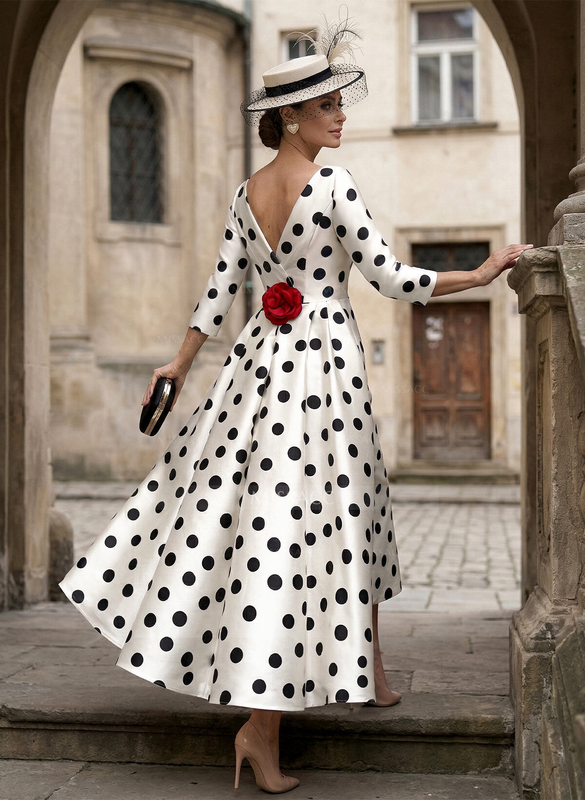 A-Line Scoop Neck 3/4 Sleeves Tea-Length Satin Mother Of The Bride Dresses With Flower(s)/Overskirt Dress