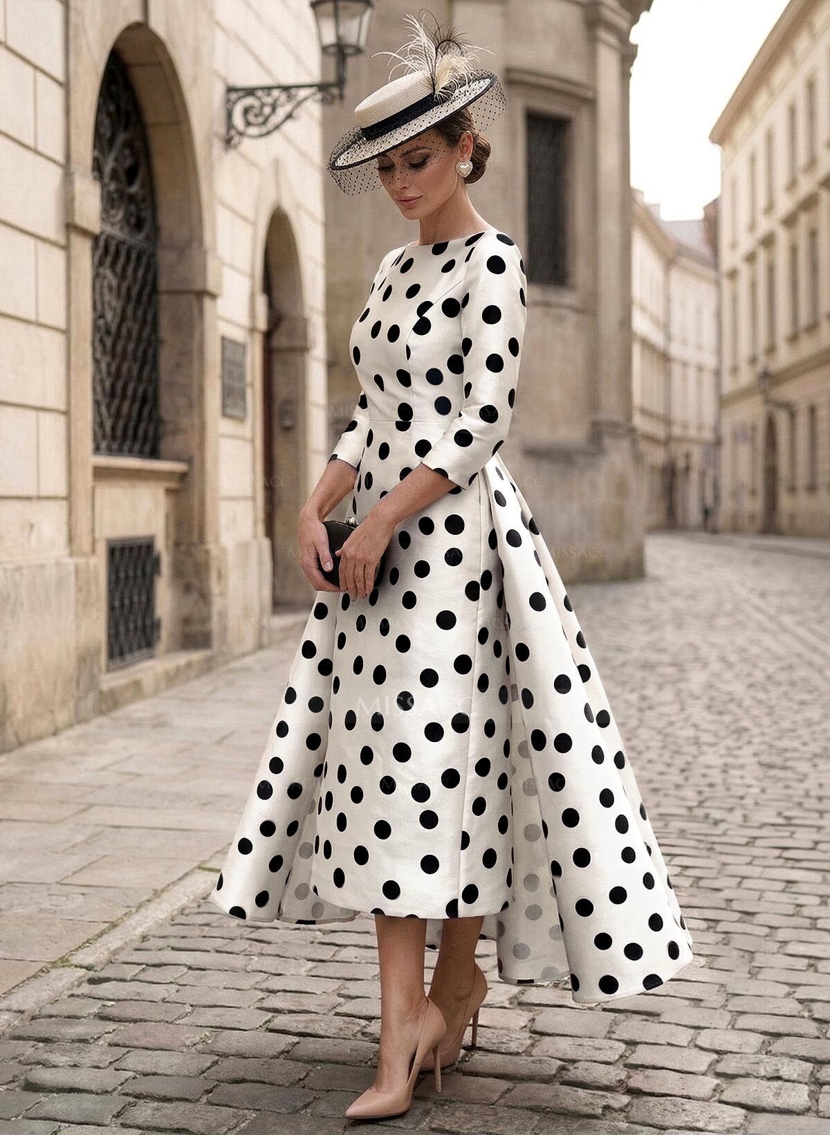 A-Line Scoop Neck 3/4 Sleeves Tea-Length Satin Mother Of The Bride Dresses With Flower(s)/Overskirt Dress