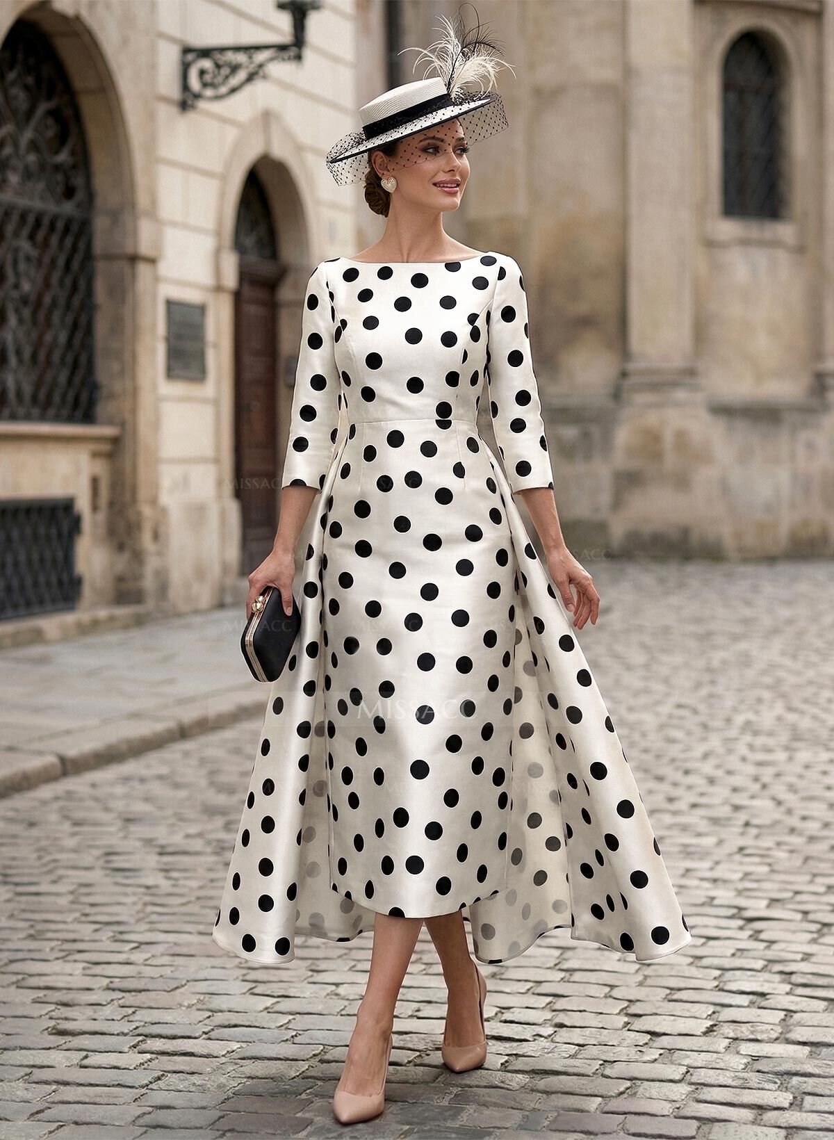 A-Line Scoop Neck 3/4 Sleeves Tea-Length Satin Mother Of The Bride Dresses With Flower(s)/Overskirt Dress