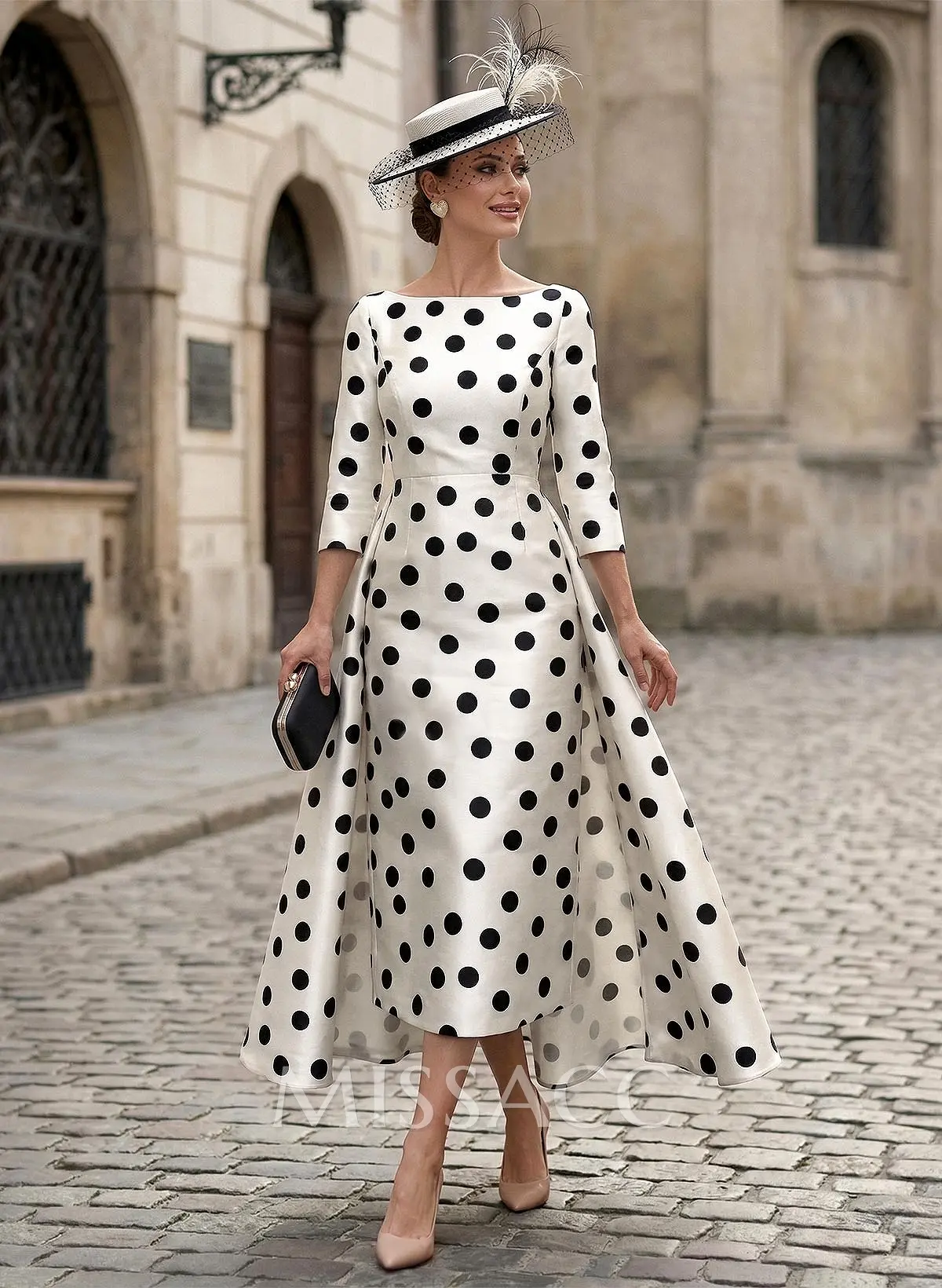 a line scoop neck tea length dresses Missacc Cocktail A-Line 3/4 Sleeves Ankle-Length Satin Cocktail Dresses With Overskirt Dress/Polka Dot Chiffon dress