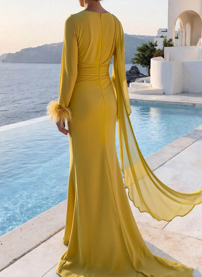 A-Line V-Neck Long Sleeves Court Train Evening Dresses With Sweeping Side Drape
